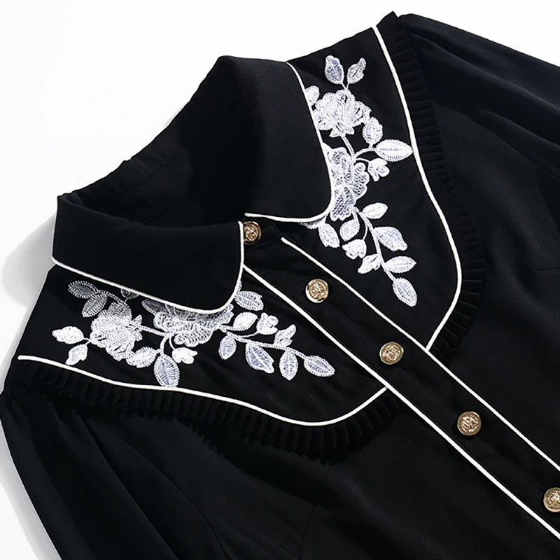 2019 Autumn Elegant Pleated Dress High Quality Fashion Full Sleeve Turn-down Collar Black | Женская одежда