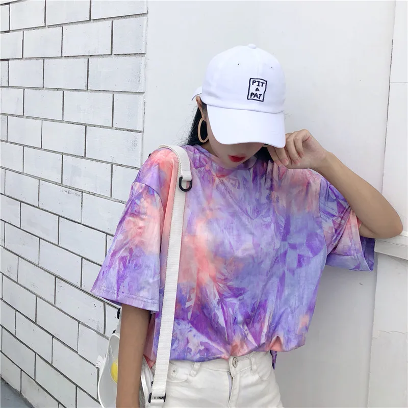 Harajuku Для женщин футболка диких ретро Tie-dye Tie Dye с короткими рукавами в Корейском