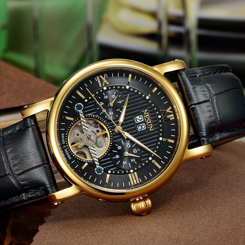 Мужские швейцарские часы Nesun Skeleton Tourbillon роскошные фирменные автоматические с