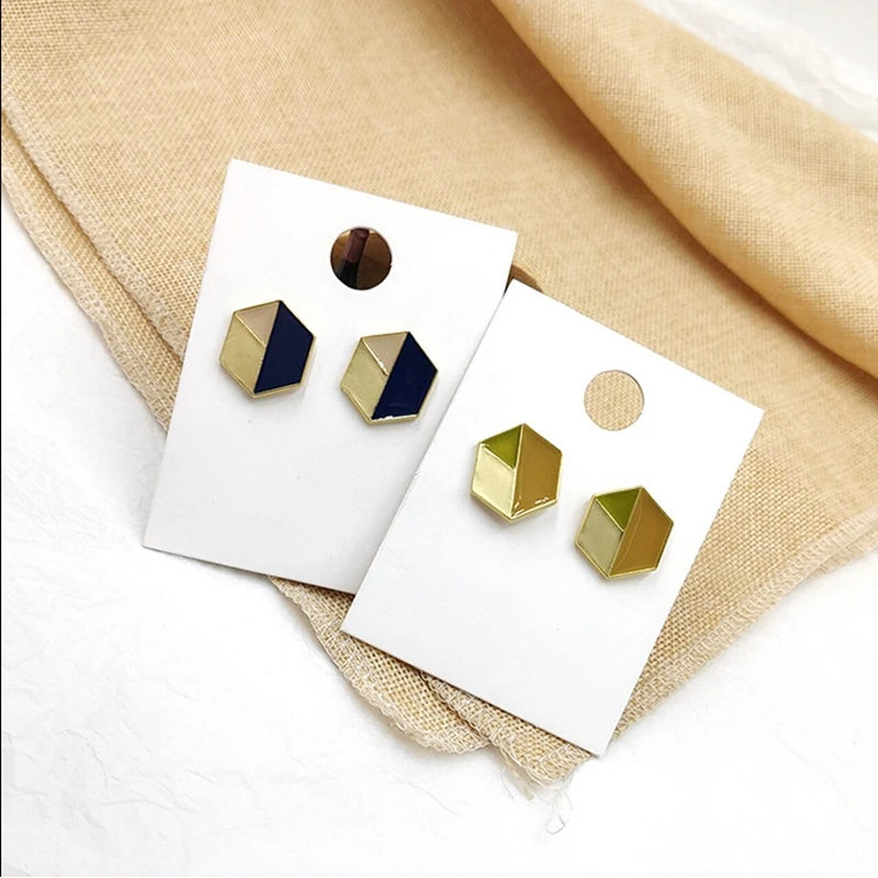 Korean Geometric Hexagon Stud Earrings For Women Jewelry Green Blue Enamel Metal Pendientes Party Gift | Украшения и аксессуары