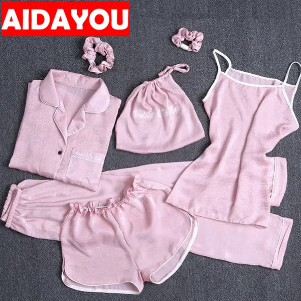 Женская атласная Шелковая пижама, наборы из 7 предметов, милый kawaii, корейский стиль, спальная ткань, светлый цвет, отложной воротник, ouc1663