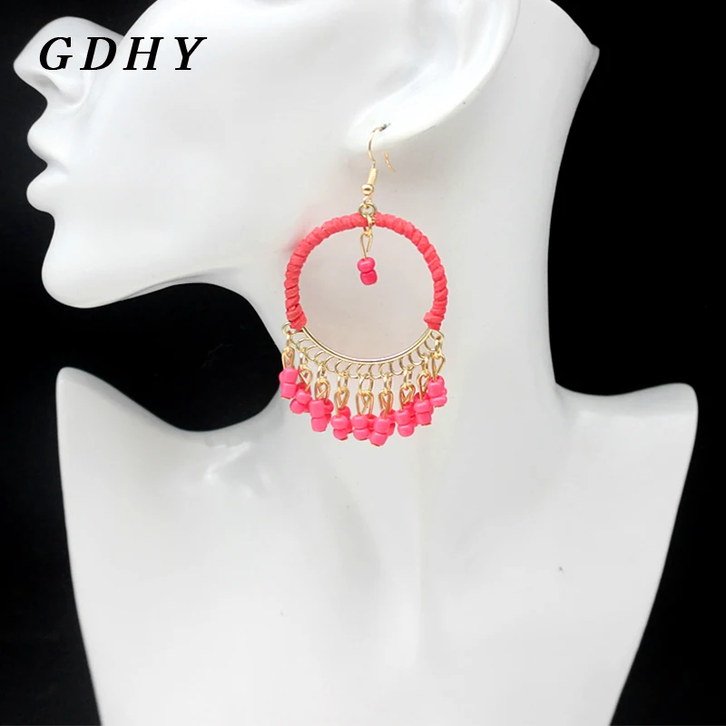 GDHY Bohemian Beaded Long Tassel Drop Earrings For Women Handmade Red Beads Dangle Ethnic Female Wedding Gift Jewelry | Украшения и
