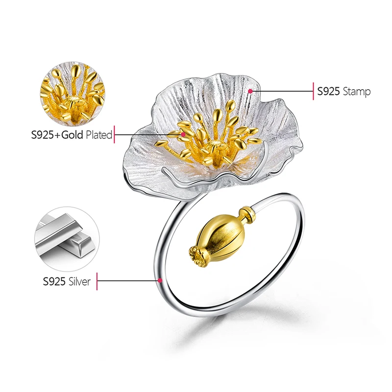 Lotus Fun Real 925 Sterling Silver Adjustable Ring Handmade Designer Fine Jewelry Blooming Poppies Flower Rings for Women Bijoux images - 6