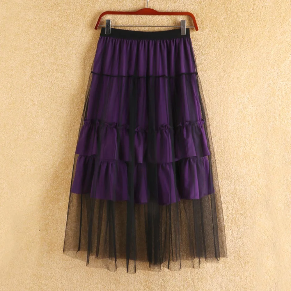 Summer 2018 New Korean Style Women Skirts A-Line Chiffon Office Lady High-Waist Pleated Mesh Patchwork Plain Girls Cupcake Skirt | Женская