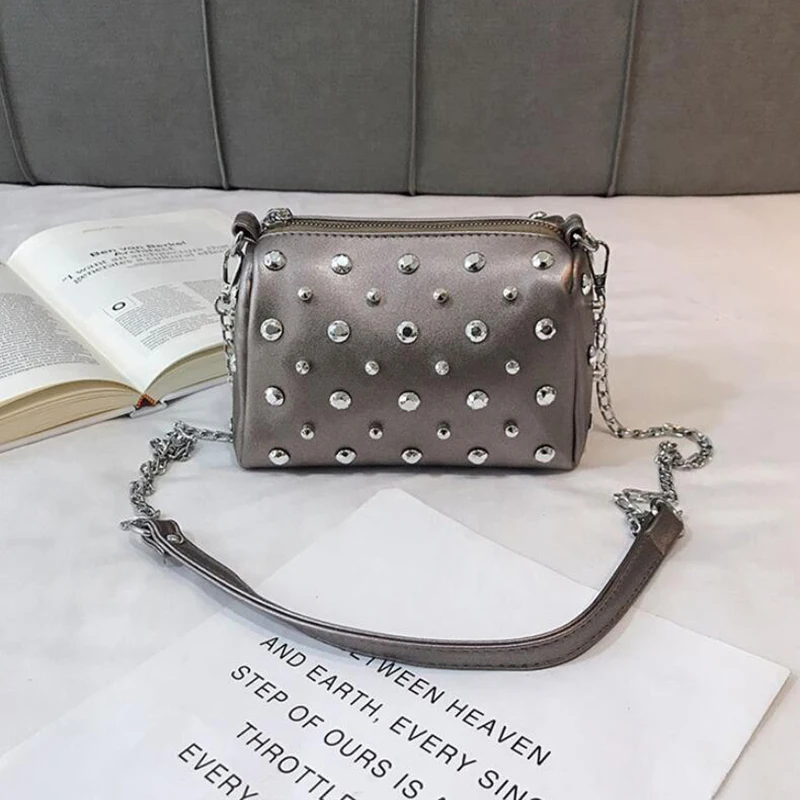 Yogodlns Bags For Women New Fashion Rivet PU Leather Women Bag Diamonds Shoulder Messenger Bag Chains Small Flap Crossbody Bag
