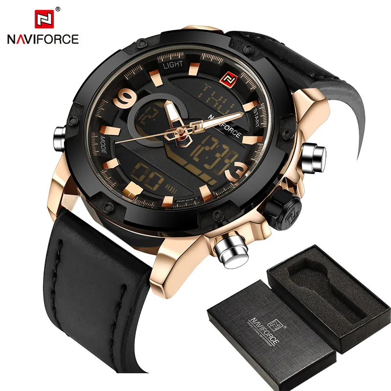 NAVIFORCE Топ люксовый бренд мужские Кварцевые водонепроницаемые часы мужские модные спортивные часы мужские кожаные военные часы Relogio Masculino - Цвет: Gold Black