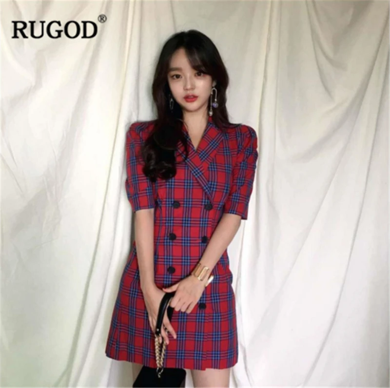 RUGOD новое поступление женское клетчатое платье с зубчатым воротником двубортное мини-платье с пышными рукавами винтажное платье Modis Vestidos