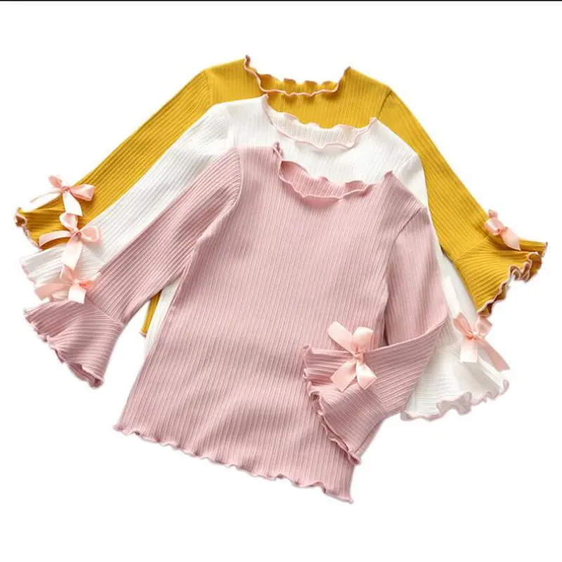 2018 Fall Spring Base Shirt Girls Shirts Kids Children Long Sleeve Ruffles Bow Girl Tops And Blouse Baby Toddler Clothes JW3373 | Детская