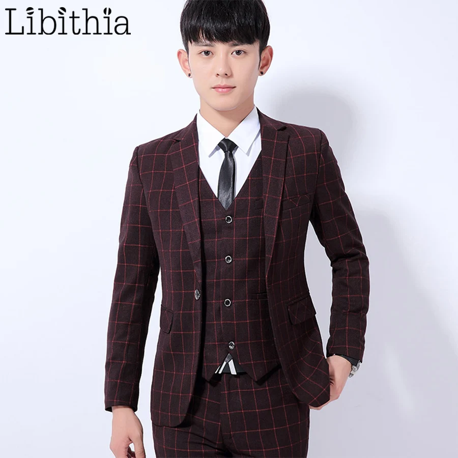 

Men Casual Suit Blazers Slim Fit Plaid Jackets One Button Blazer Clothes Male M-3XL Wine Red Dark Grey Blue Wear Homme K296
