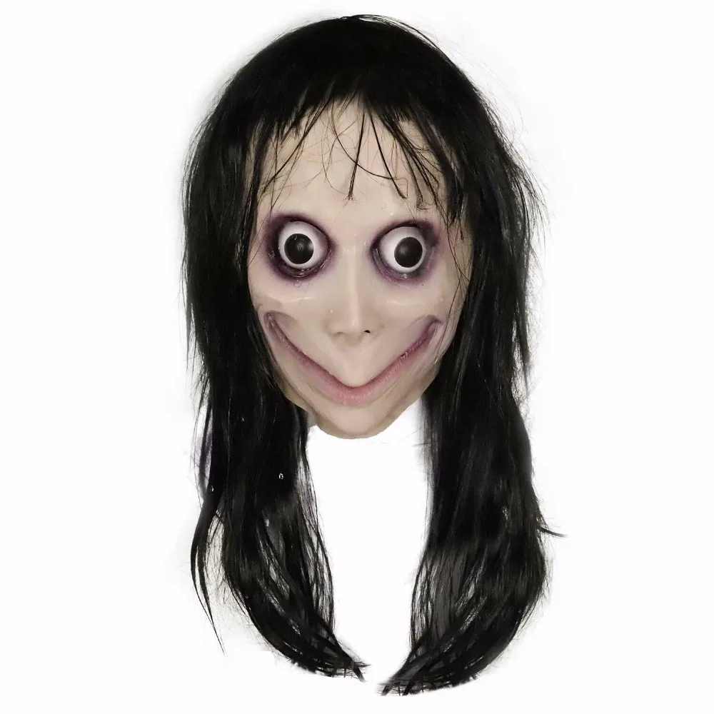Momo Scary Tremendous Eyes Mask Challenge Horror Game Costume Latex Mask with Long Black Hair Halloween Costume Party Props