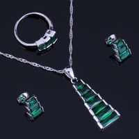 fascinating trapezoid green cubic zirconia silver plated jewelry sets earrings pendant chain ring v0962