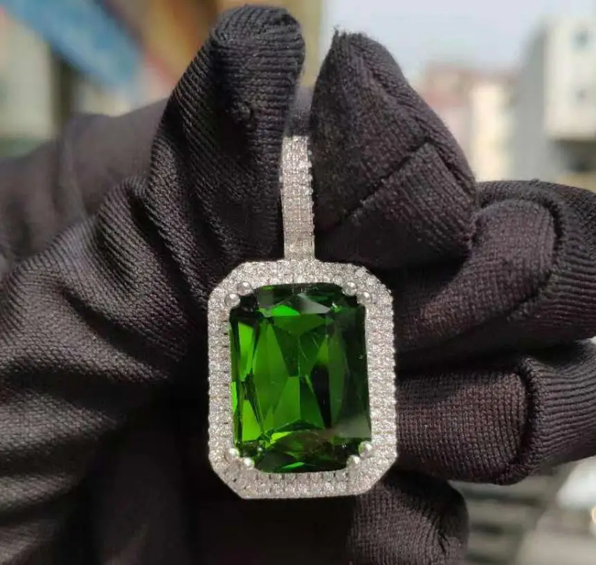 Silver and Green Для мужчин и женщин хип-хоп Iced out Bling квадратный драгоценный кулон ожерелье браслет горный хрусталь украшения CZ ожерелье ювелирные изделия Хип-хоп роскошные подарки - Окраска металла: Silver and Green