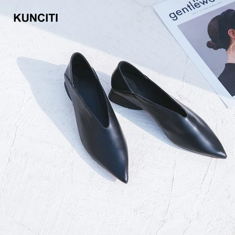 KUNCITI/; женские Кожаные Мокасины с острым носком; слипоны; женские туфли без задника для беременных; обувь из натуральной кожи на плоской подошве; большие размеры 34-43; G182