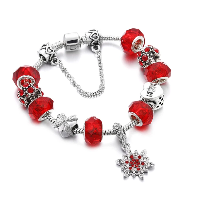 snowflake2 Модные серебряные браслеты с красным сердцем и кристаллами, стеклянные бусины, подвеска в виде слона, брендовые очаровательные аксессуары для женщин, ювелирные изделия - Окраска металла: snowflake2
