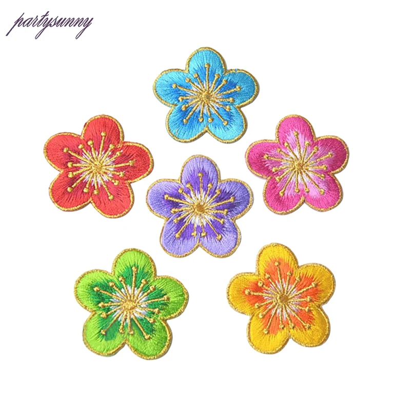 PF Цветок Аппликация Вышивка Патчи Сливы Золотая Линия Полосы для Одежды Термо