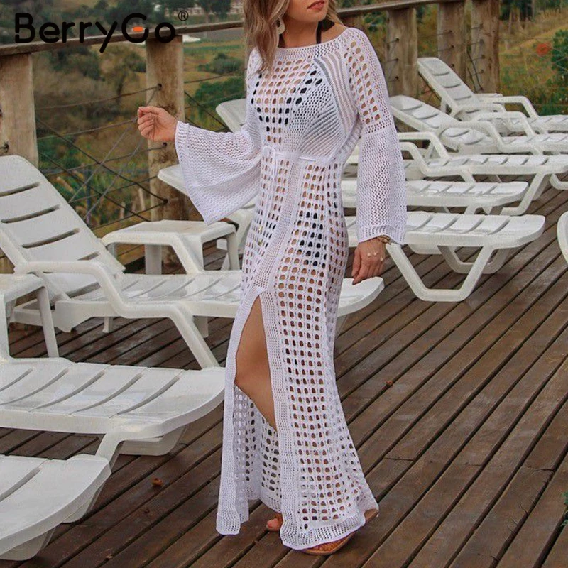 Пляжное платье BerryGo летнее трикотажное с длинным рукавом и разрезом сексуальный