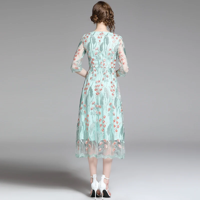 Цветочной вышивкой женские летние платье О образным вырезом дамы элегантный