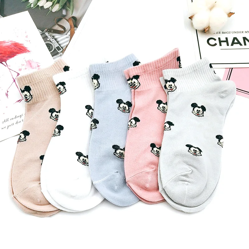 Socks for women New Mickey Head Print Candy Color Lady Cartoon Cotton Breathable Sweat Girls 1pair=2pcs | Женская одежда