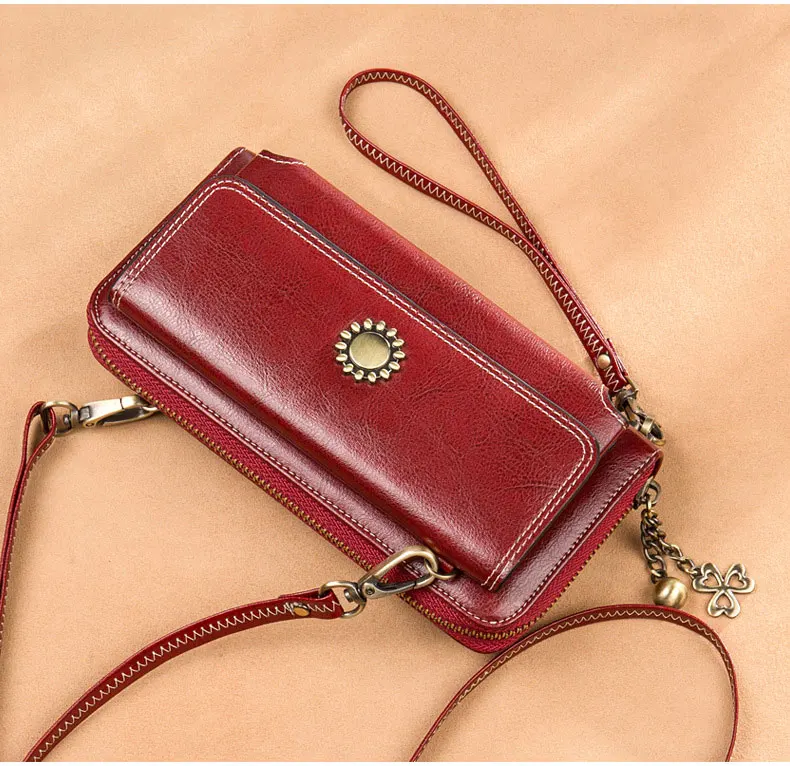 Vintage Oil Wax Leather Women Wallets Long Zippers Purse Genuine Leather Wallet Female Clutch Multifunction Big Capacity Wallet