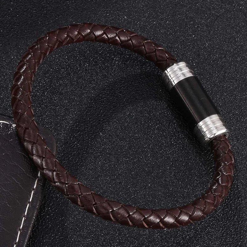 Fashion 6mm Black/Brown Leather Braided Bracelet Men Women Jewelry Stainless Steel Magnetic Clasp Male Wrist Band Gifts PD0410 | Украшения