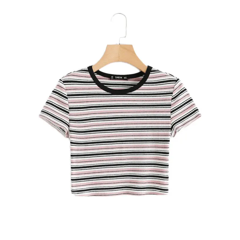 SHEIN контрастная лента полосатая ребристая Футболка женская повседневная с коротким рукавом эластичная летняя футболка с круглым вырезом приталенный кроп женский топ