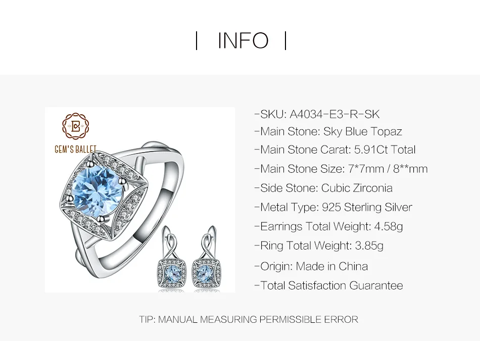 GEM'S BALLET 1.6ct натуральный Небесно-Голубой топаз кольца клипсы 925 пробы Серебряный Драгоценный Камень прекрасный набор украшений для женщин подарок