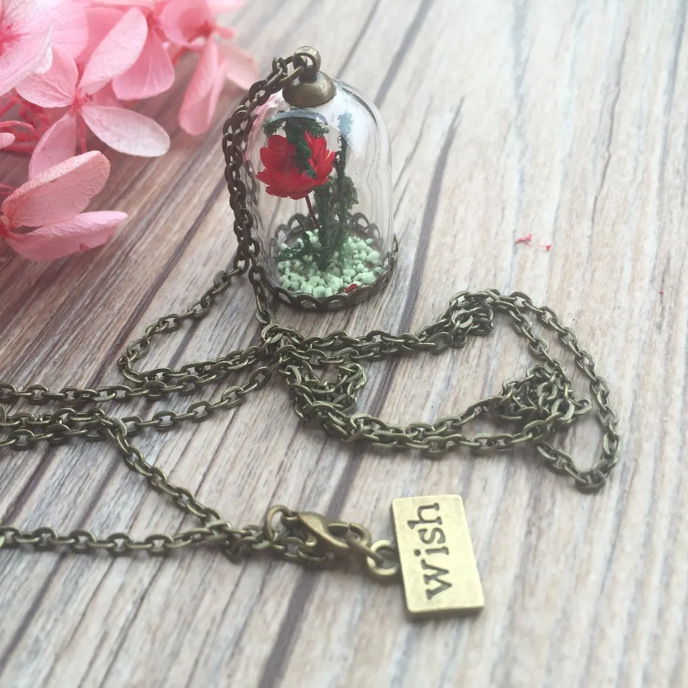 

Freeshiping 10pcs DIY luminous Glass Globe Pendants Necklace Rose Vial Flower Dome Cute Gift (finished necklace)