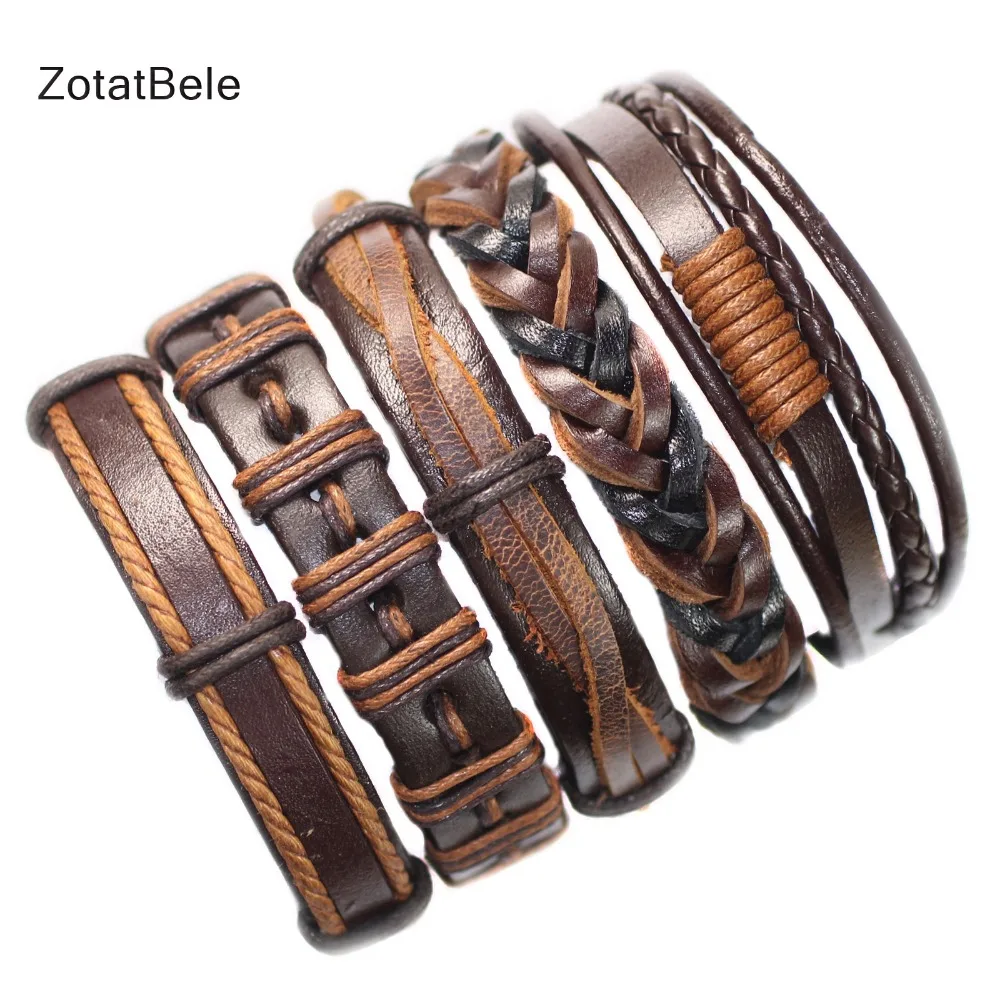 ZotatBele Casual Leather Bracelets Charm Multilayer Braid Wrap Bangles Punk Male Rope Chain Wholesale Men Jewelry FK4 | Украшения и