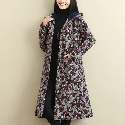 Blue bottomfloralw92 Осенне-зимнее Новое Женское пальто средней длины в национальном стиле, плюс бархатное толстое хлопковое пальто с капюшоном, большой размер, Цветочная одежда с хлопковой подкладкой - Цвет: Blue bottomfloralw92