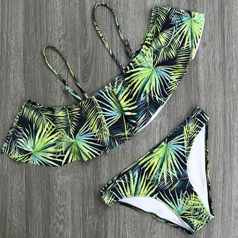 Newest Summer Ruffle Bikini Set Women Swimwear Printing Floral Beach Swimsuit Sexy Off Shoulder Bathing Suits Maillot De Bain XL |