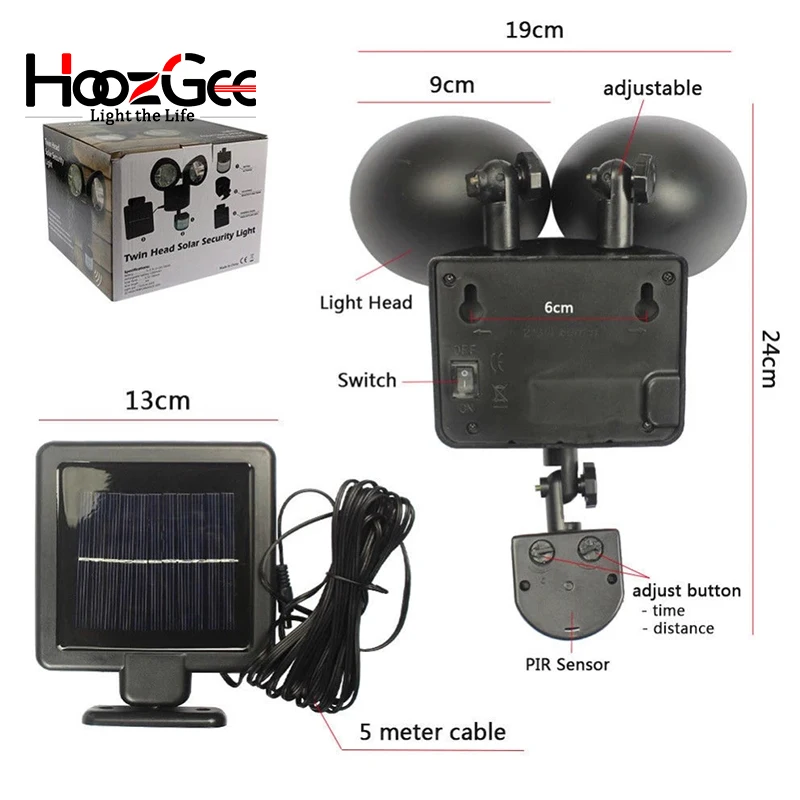 HoozGee Регулируемый сплит-тип солнечной энергии свет PIR сенсор 22 светодиодный сад обеспечение безопасности в помещении наружное двойное точечное освещение уличное освещение