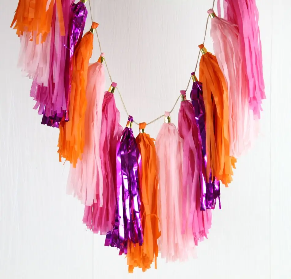 Розовая оранжевая папиросная Бумажная гирлянда с кисточками для