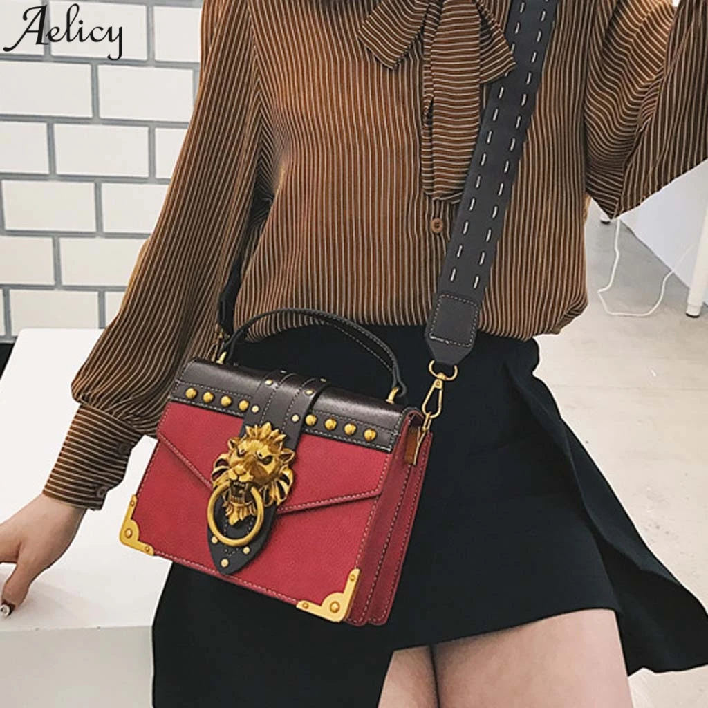 Aelicy, Женская Ретро сумка с заклепками, голова льва, из искусственной кожи, сумка-мессенджер, универсальная простая сумка на одно плечо, сумка через плечо, Новинка