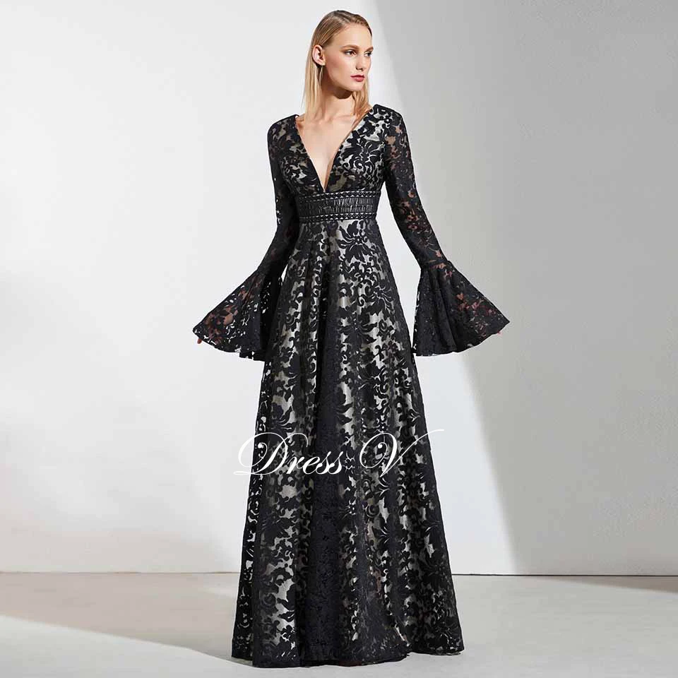 Dressv черное кружевное вечернее платье с v-образным вырезом и длинными рукавами, с открытой спиной, длина до пола, свадебное вечернее платье трапециевидной формы, вечернее платье es