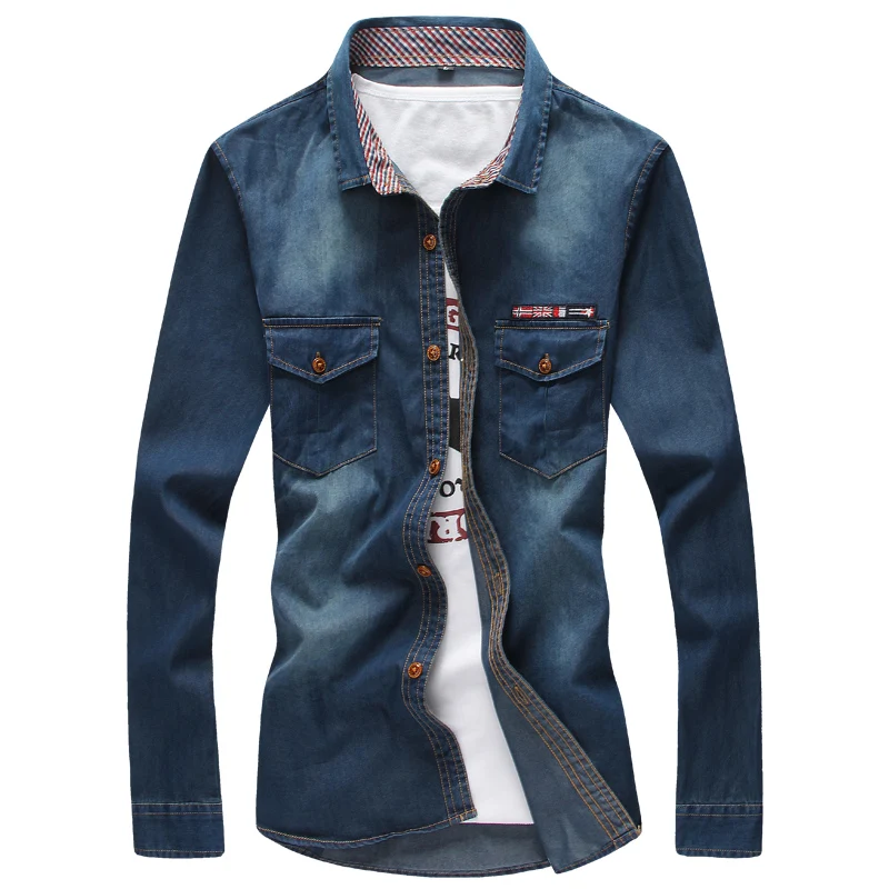 Мужские синие джинсовые рубашки Camisa Jeans мужские ковбойские облегающие 5XL Gomlek