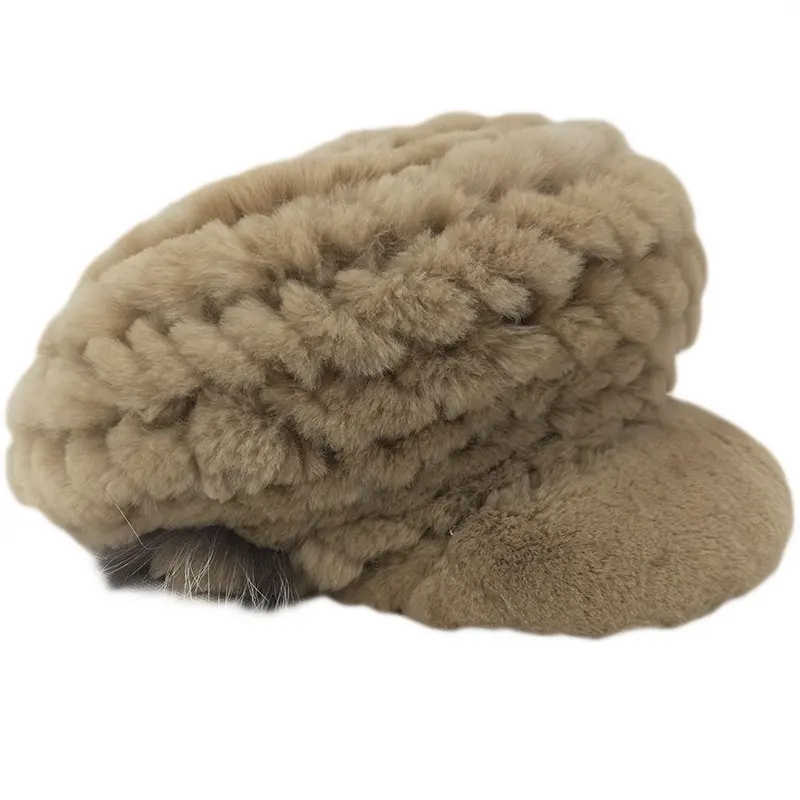 

Warm Winter Women's Cap Real Rabbit Knitted Hat With flower Pompom Causal Female Beanies Rex Rabbit Fur Caps For Girls