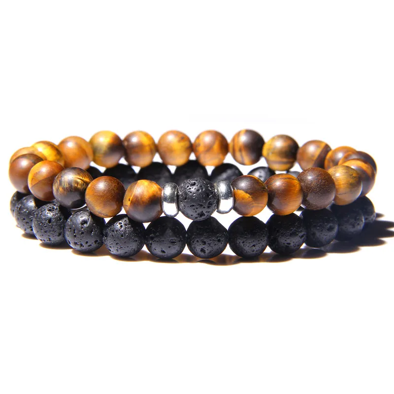 4 tiger eye 8mm 2 шт./компл. пары дистанционные Браслеты Мужская Черная Лава бусины браслет женские деревянные бусины браслеты с подвесками для женщин мужчин браслеты - Окраска металла: 4 tiger eye 8mm