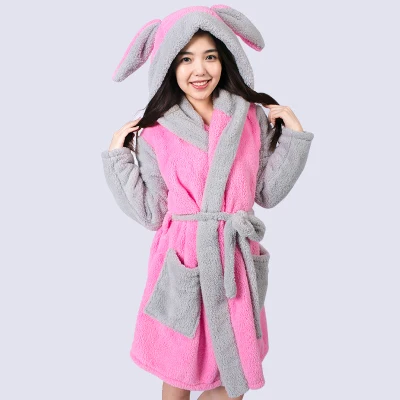 Pink Gray Rabbit Мягкие фланелевые женские халаты с мультяшными животными, зимний утолщенный халат для девочки-подростка с капюшоном, парные пижамы, одежда для сна, рождественские подарки - Цвет: Pink Gray Rabbit