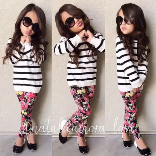 2 шт. хлопковая футболка с длинным рукавом и штаны цветочным принтом|kids clothes set|clothes