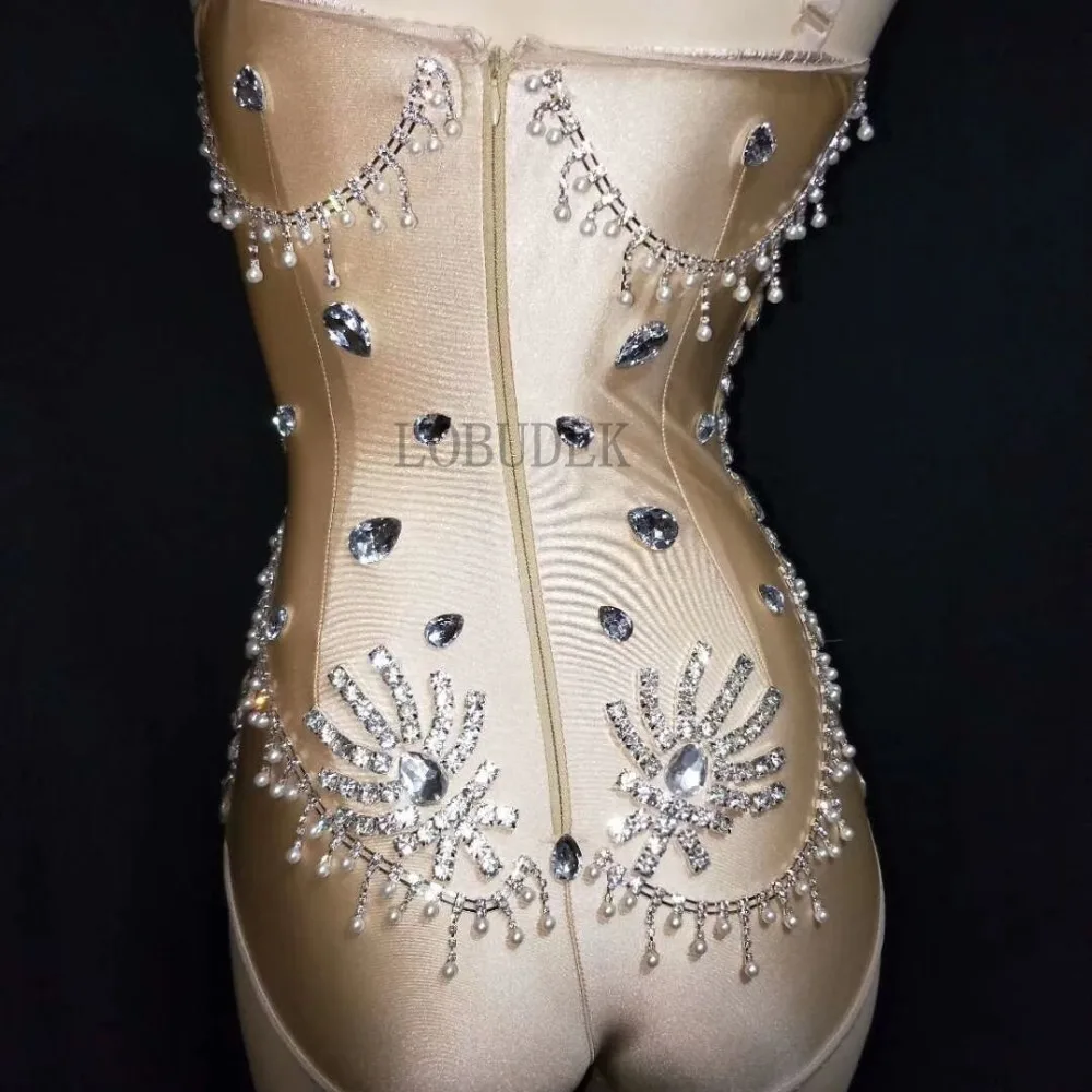 Flashing Big Rhinestones Skin Color Halter Bodysuit Silver Crystals Catsuit Nightclub Women DJ Singer Party Outfit Dance Costume