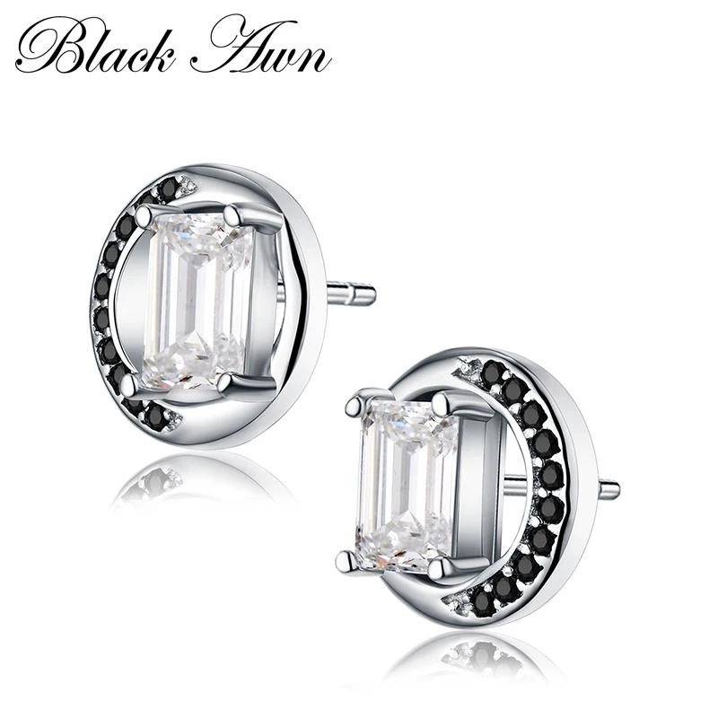 Женские серьги гвоздики [BLACK AWN] сережки из серебра 925 пробы с черным шпинелью