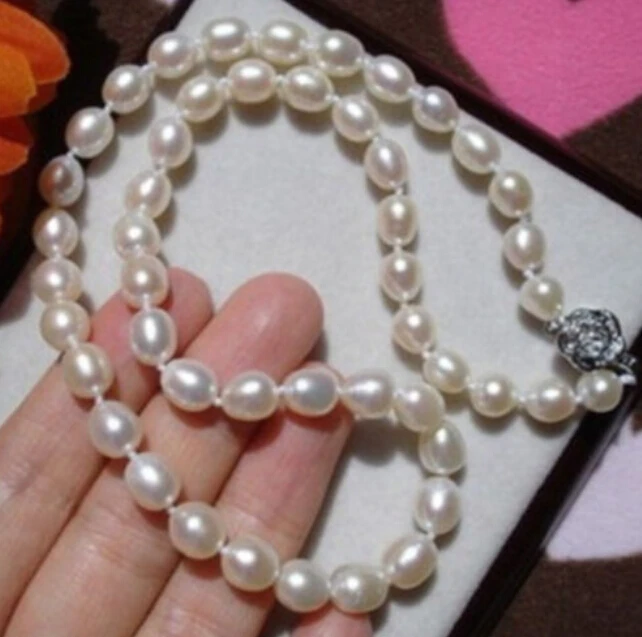 

7-8MM WHITE Cultured FRESHWATER RICE PEARL NECKLACE 17" Factory Wholesale price Women Gift word Jewelry