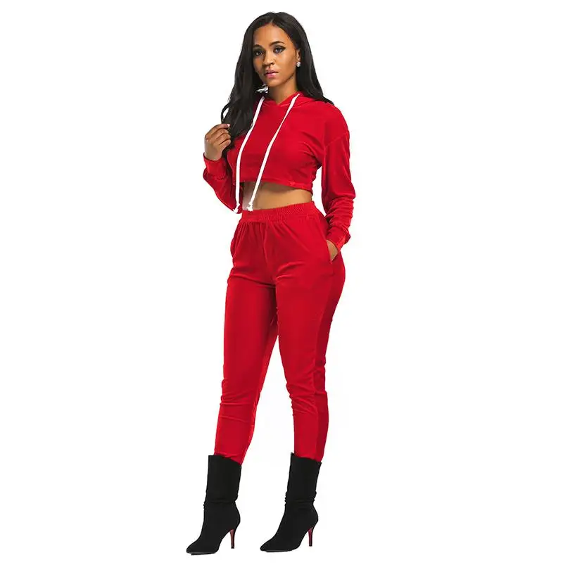 

Femme Velvet Tracksuit Long Sleeve Hoodies Short Tops & Long Pants 2pcs Set Sweatshirts Women Winter Suits Streewear WS2875C