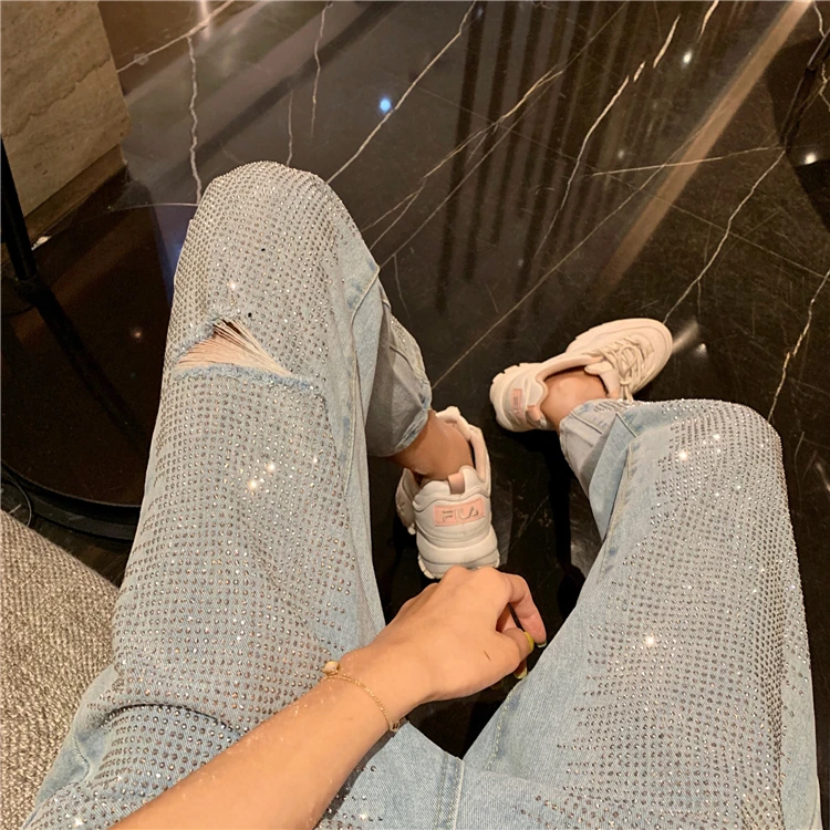RUGOD Women blue denim pants hole diamond slim high wide leg pants new fashion female jeans femme ripped plus size glitter
