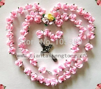20pcs/set Handmade catholic Rosary necklace beautiful Pink Soft Cerami beads rose rosary catholic crucifix Necklace free ship