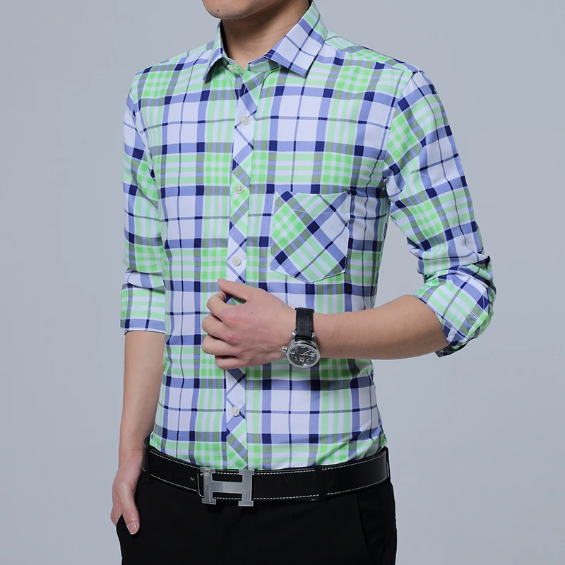 2017 Мужская рубашка мужская модельная модная повседневная клетчатая с длинным