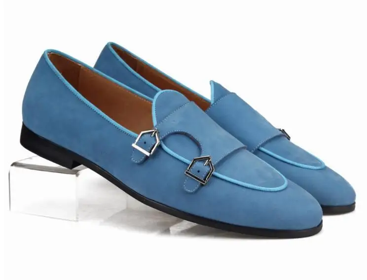 Blue Suede Shoes Loafers Men's Moccasins Casual Flats Dress Double Buckles Wedding Large Size | Обувь