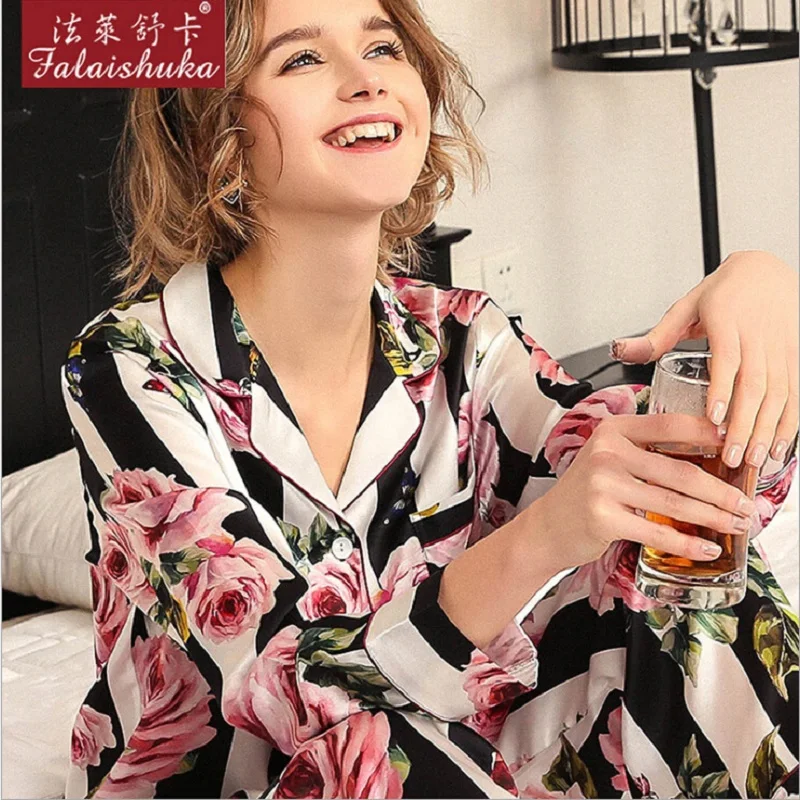 Women Summer Pajamas Set 2019 Floral print sexy night suit nightwear pijamas sexy sleepwear silk stain long sleeve pant homewear
