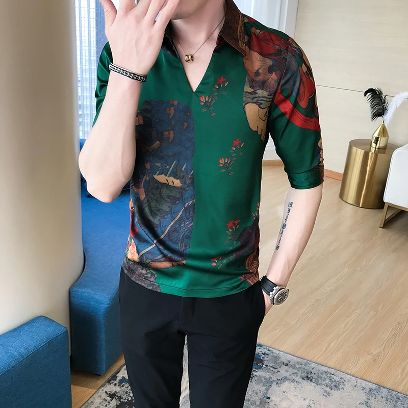 V образный воротник китайский Стиль рубашка Для мужчин Slim Fit Корейская одежда с