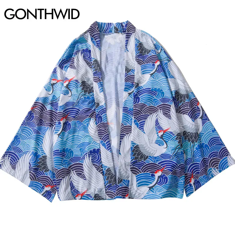 GONTHWID японское кимоно кардиган Haori куртки с длинным рукавом уличная одежда для